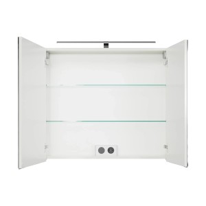 Offener Pelipal Spiegelschrank Quantum 07, Schneeweiß Glanz, 80 cm mit LED-Leuchte und Glasböden.
