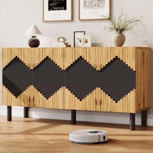 Modernes Merax Sideboard 140x70cm in Holzfarbe/Schwarz mit Rautenmuster, grifflosen Türen und Metallfüßen für Wohnzimmer.