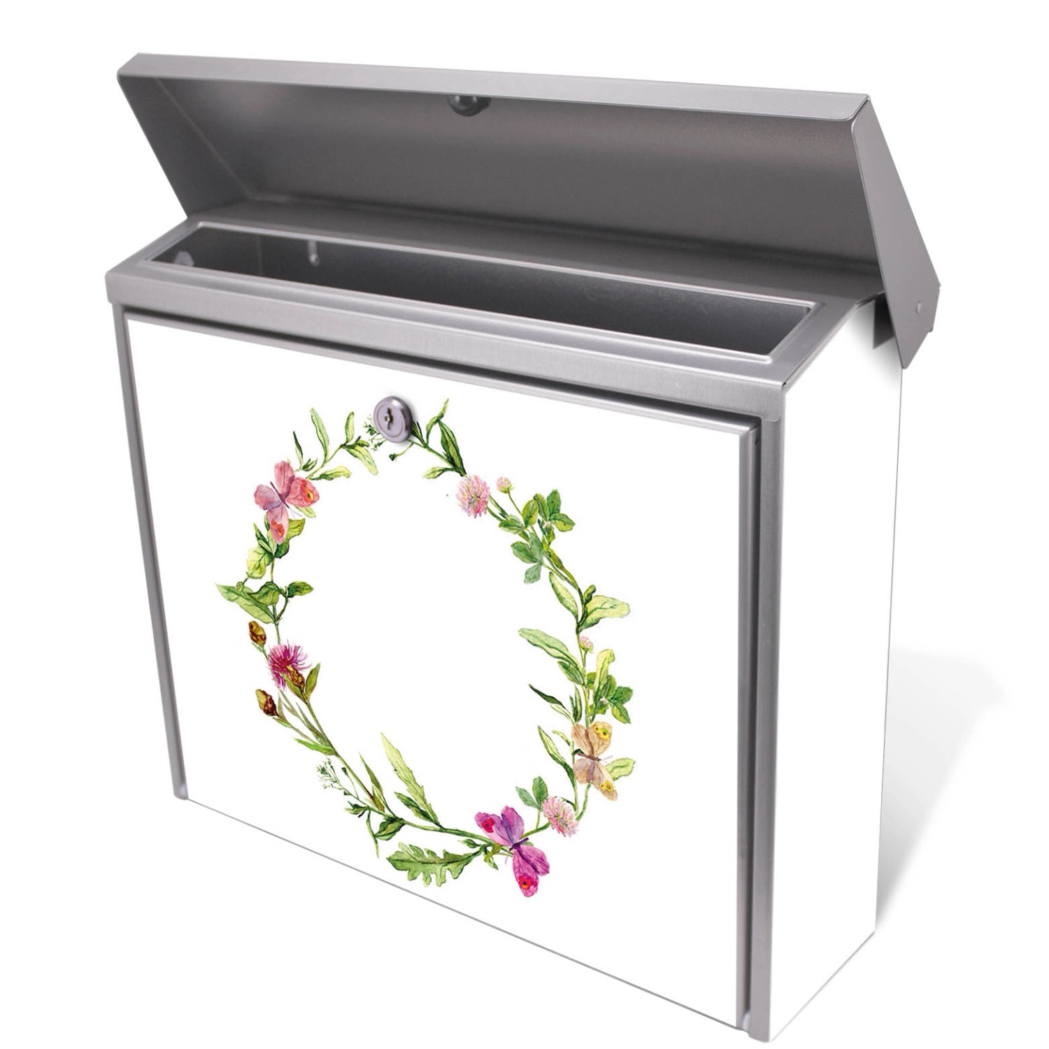 Edelstahl Briefkasten mit Aquarell Blumenring Motiv, ohne Zeitungsfach.