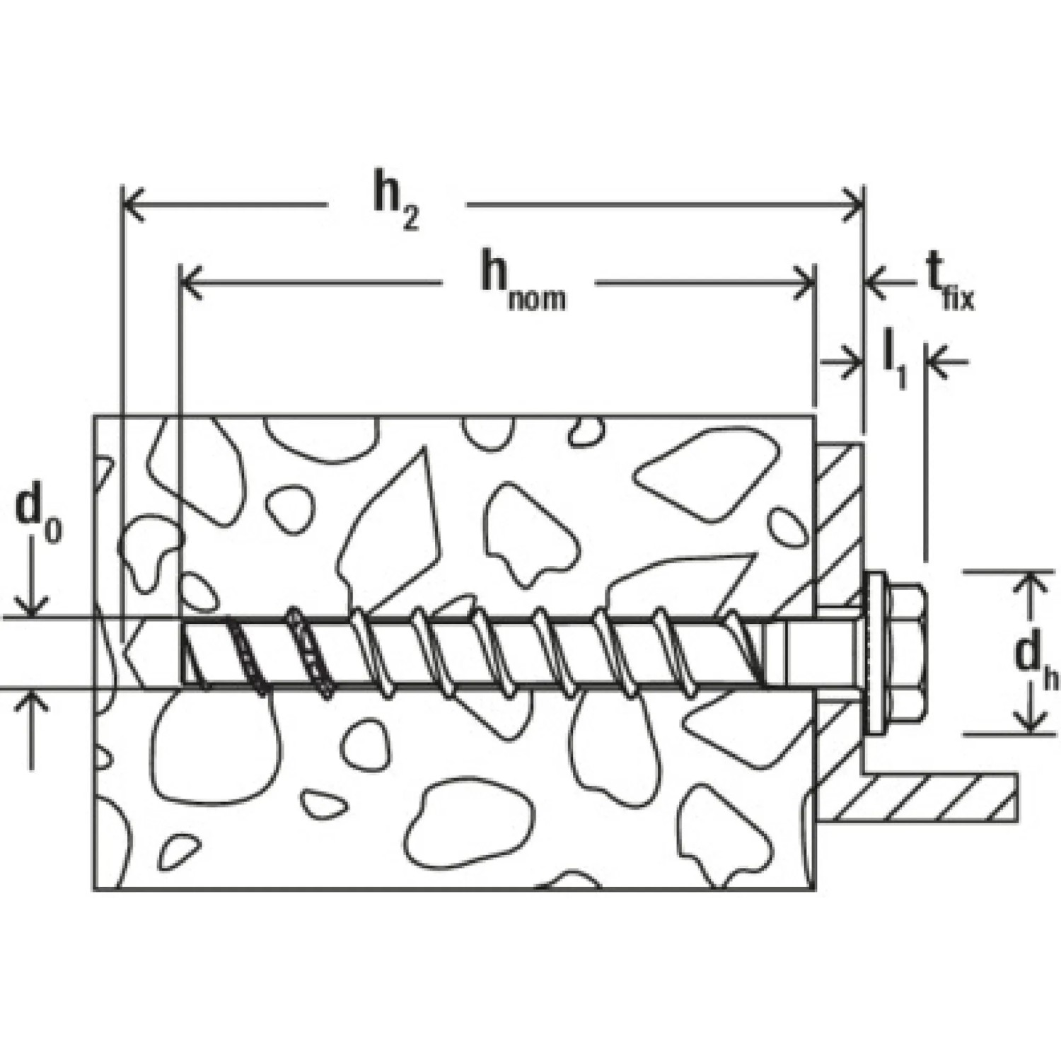 Skizze: Fischer Betonschraube UltraCut FBS II 8 x 90 mm mit Sechskantkopf und U-Scheibe im Beton.