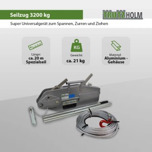 TRUTZHOLM Seilwinde 3200kg mit 20m Seil, Aluminiumgehäuse und Zubehör.