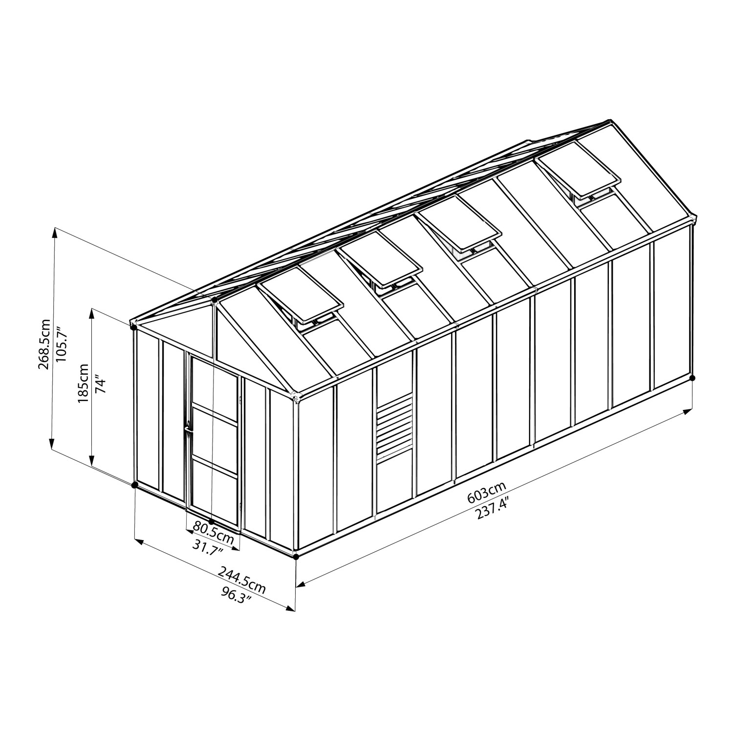 Technische Zeichnung: Palram Canopia Glory 6x2.5 Gewächshaus mit Maßen.