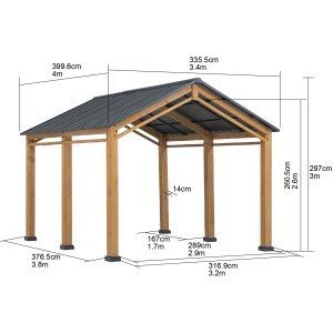 Sunjoy Carport Korab aus Zedernholz, 400x335 cm, anthrazitfarben, mit Maßangaben.