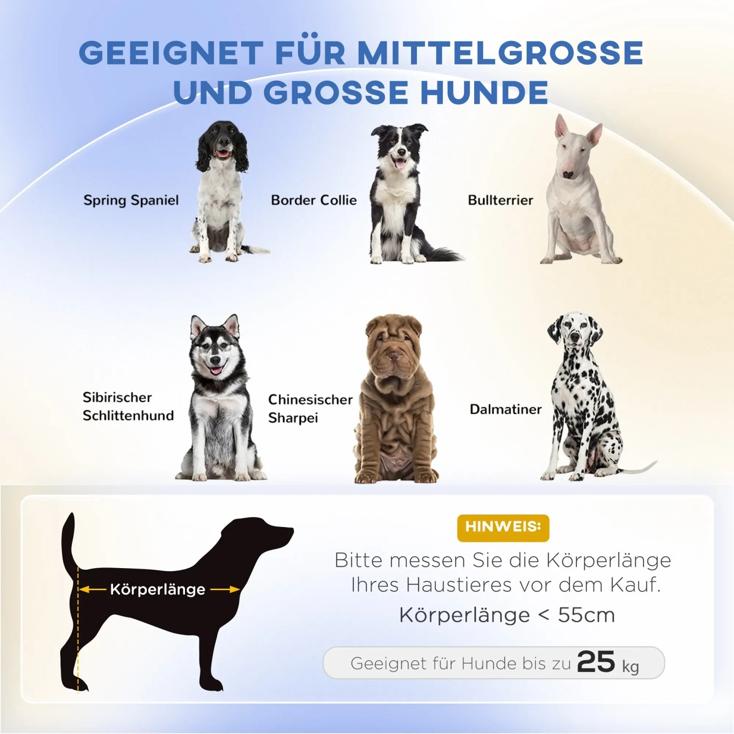 Geeignet für mittelgroße und große Hunde bis 25kg. Verschiedene Hunderassen als Beispiel.