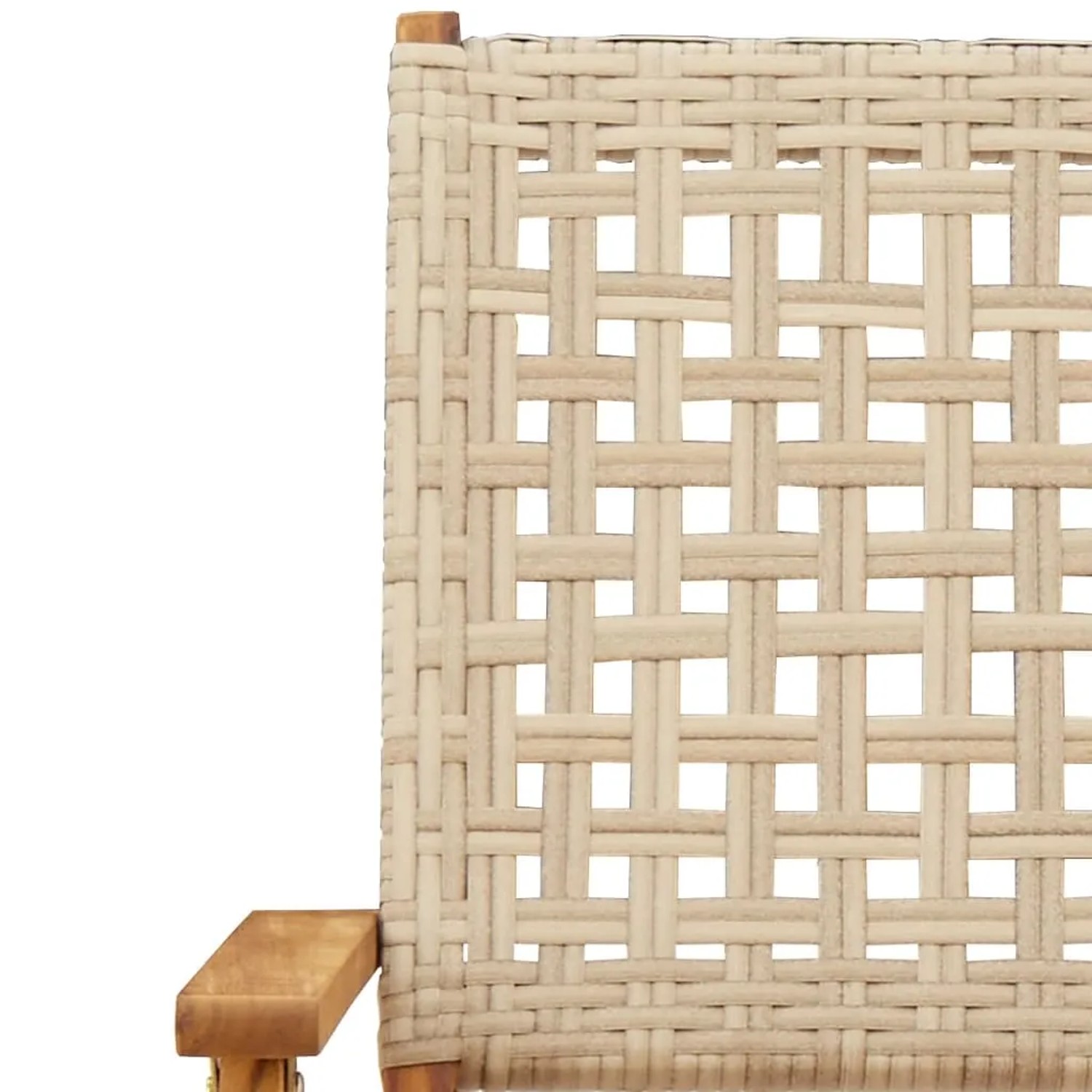 Detailansicht: Beige Poly Rattan Gartenstuhl aus Akazienholz, Teil der 5-tlg. Essgruppe.