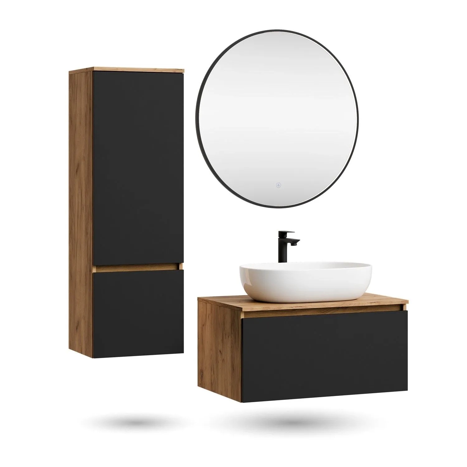 Planetmöbel ARISA Badmöbel Set 80 cm Schwarz Matt mit Hochschrank Veluna LED Spiegel 80 cm und Keramik Aufsatzwaschbecken 60 cm in Weiß Soft Close