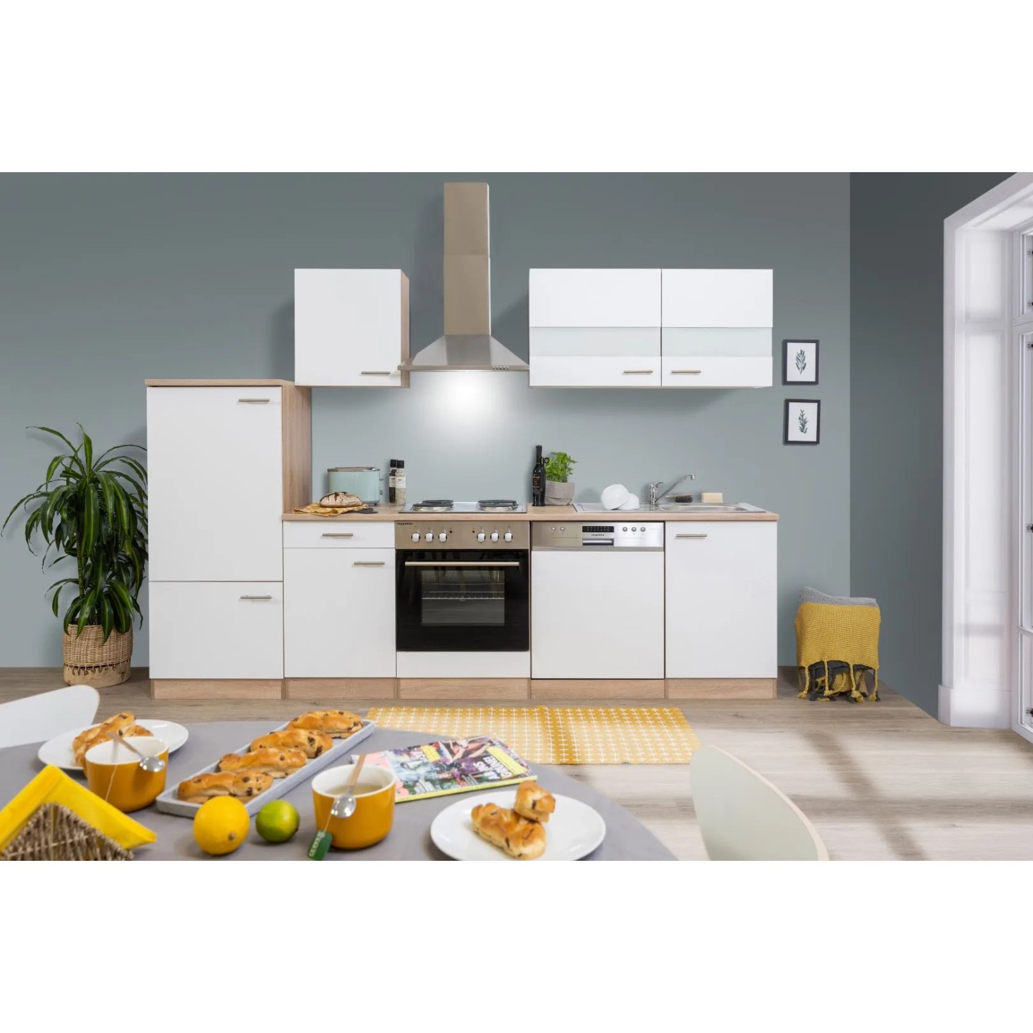 Respekta Küchenzeile KB280ESW 280 cm Weiß-Eiche Sägerau Nachbildung