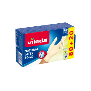 Verpackung Vileda Einweghandschuhe Natural Latex, Größe S/M, 100 Stück für Haushalt und Garten.