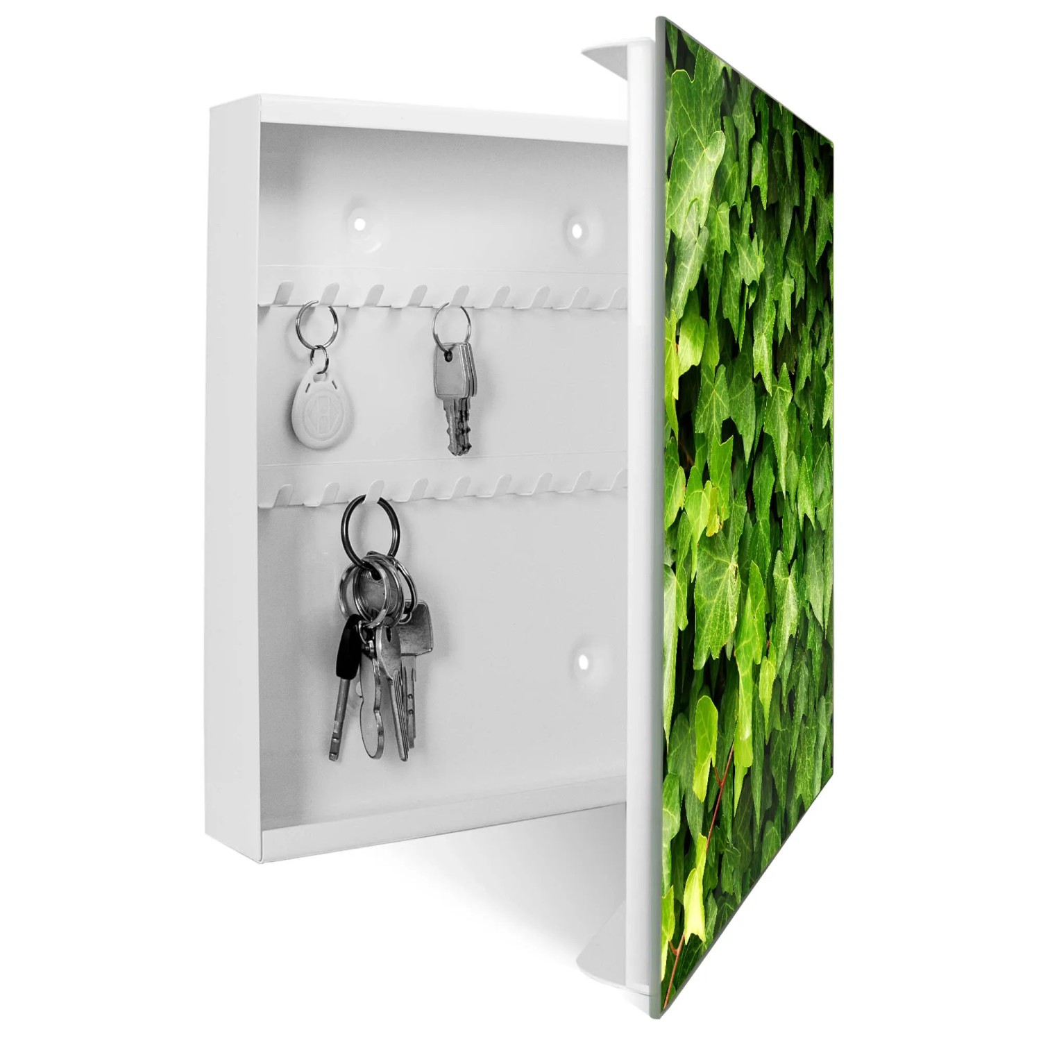 Weißer Schlüsselkasten mit Efeu-Motiv, Magnettafel, beschreibbar, 50 Haken.