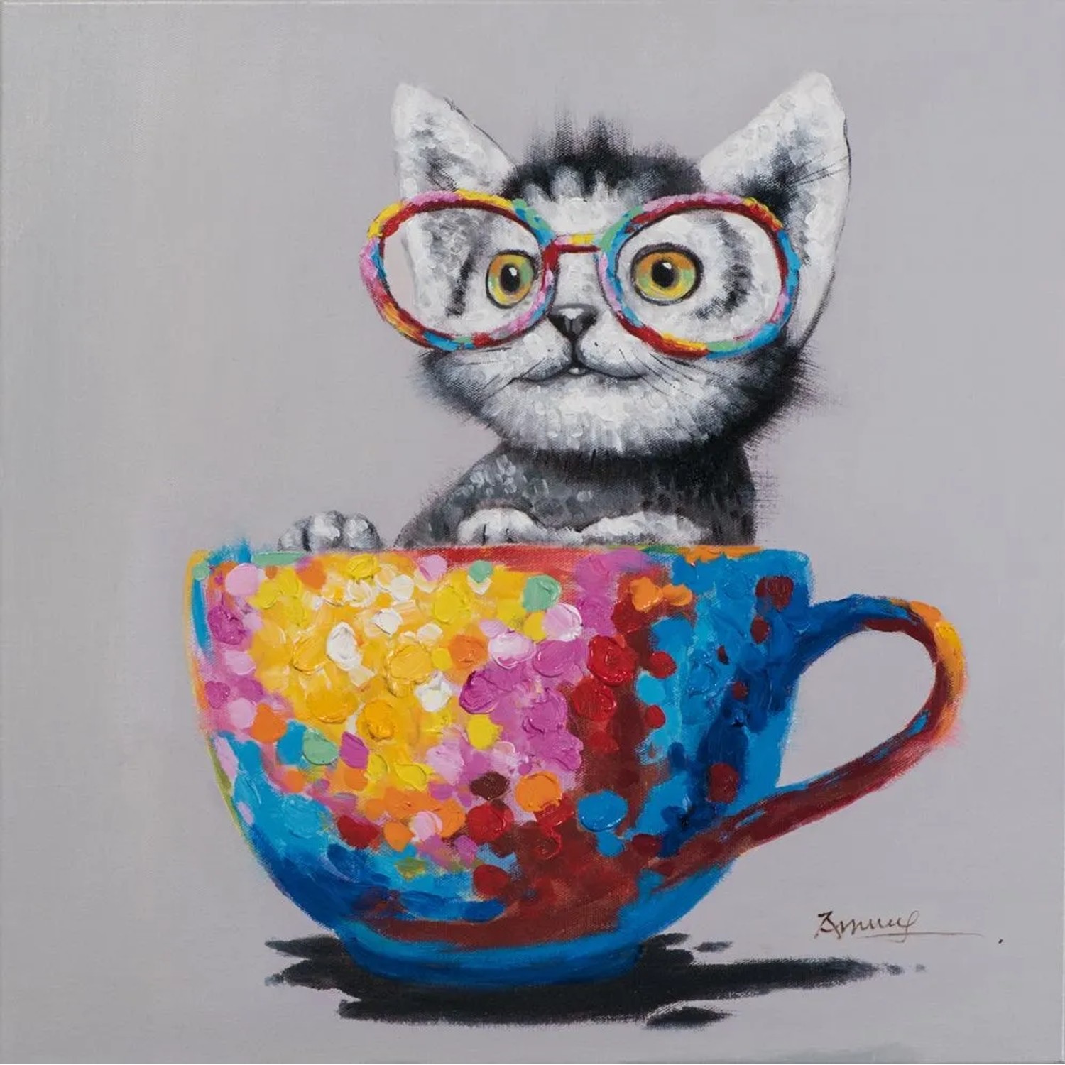 Art Universe Leinwandbild Katze in Bunter Tasse 60 x 60 cm