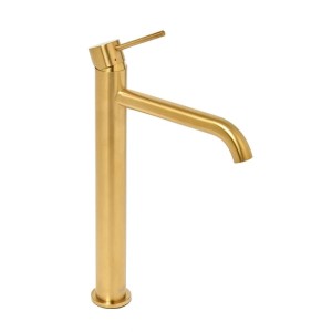 Hohe Waschtischarmatur aus gebürstetem Gold Edelstahl, Einhebelmischer für Aufsatzwaschbecken, 30,8 cm.