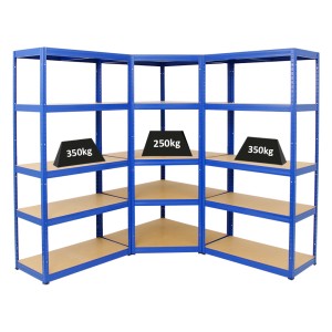 Blaues PROREGAL Mega Deal Eckregal & Schwerlastregal Set mit MDF-Böden.