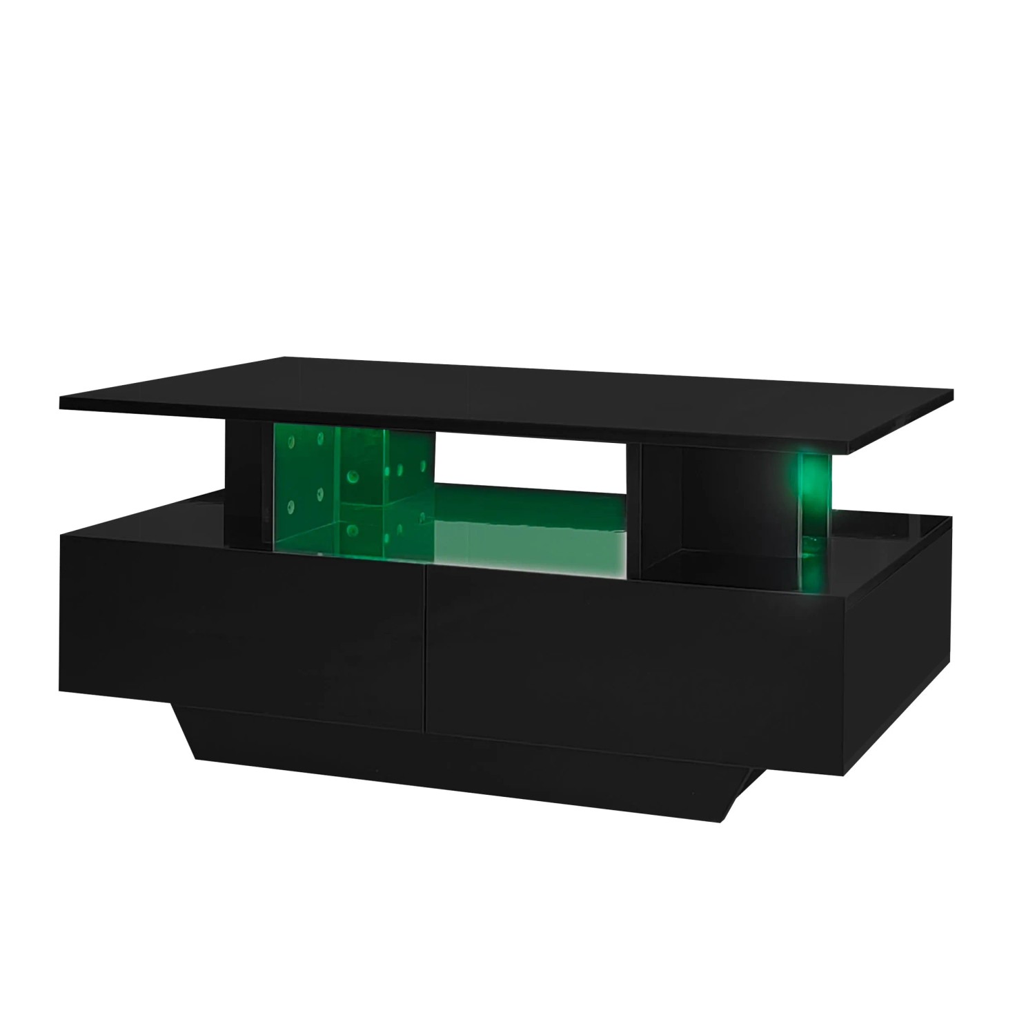 okwish Couchtisch mit LED 2 Schubladen Stauraum 90x55x41cm Hochglanz Schwarz
