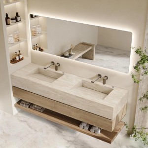 Modernes Badmöbel Set mit Sinterstein Doppelwaschbecken in Travertine Optik, beleuchtetem Spiegel und wandhängendem Unterschrank.