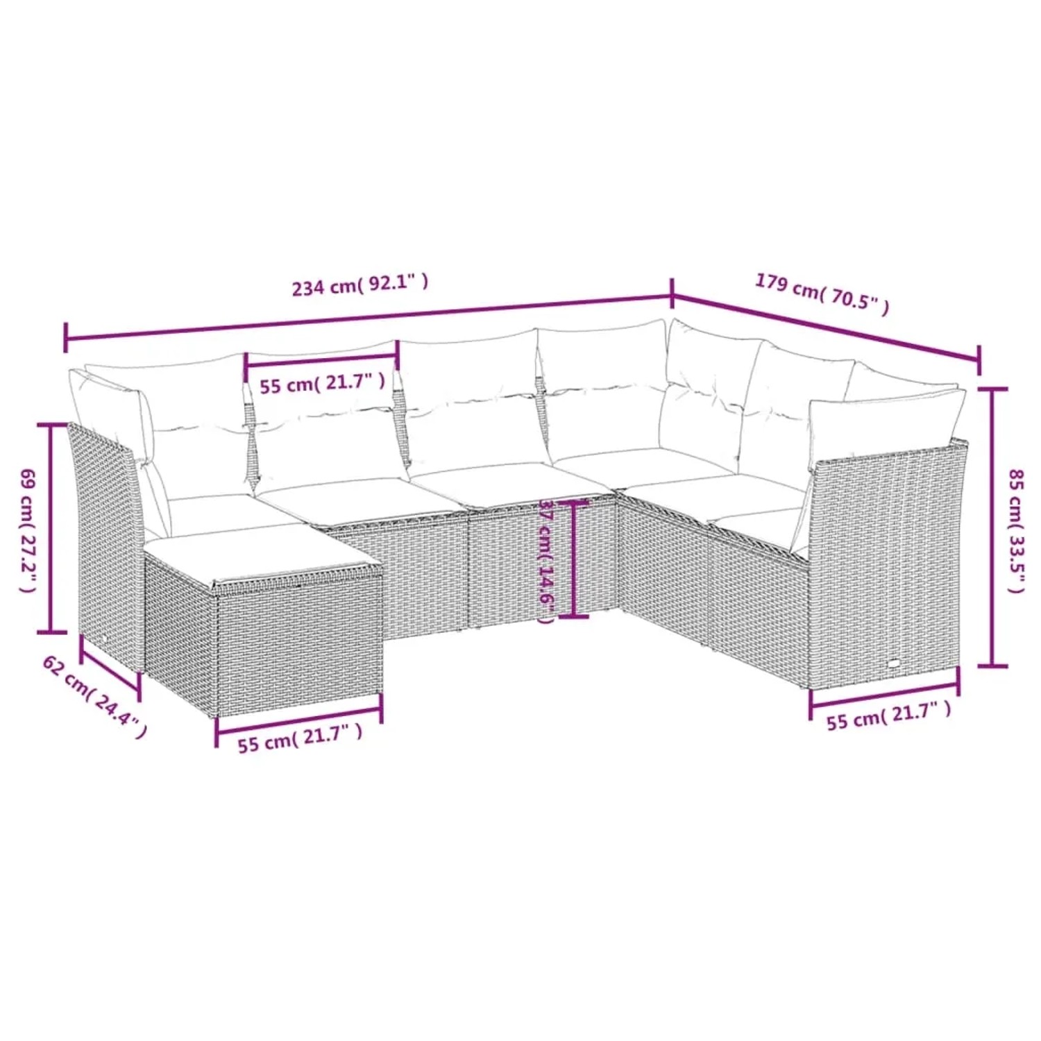 vidaXL Garten-Sofagarnitur, 7-teilig, schwarz, Poly Rattan, mit Maßangaben.