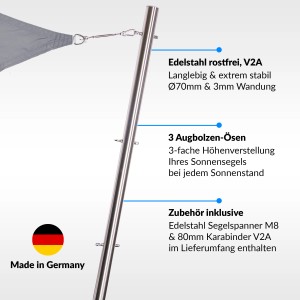 Edelstahl Sonnensegelmast 2,5m mit 3 Augbolzen und Bodenhülse für flexible Sonnensegelmontage.