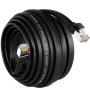 Schwarzes, flaches CAT 7 Patchkabel (20m) von hb-digital, aufgerollt mit RJ45 Stecker.