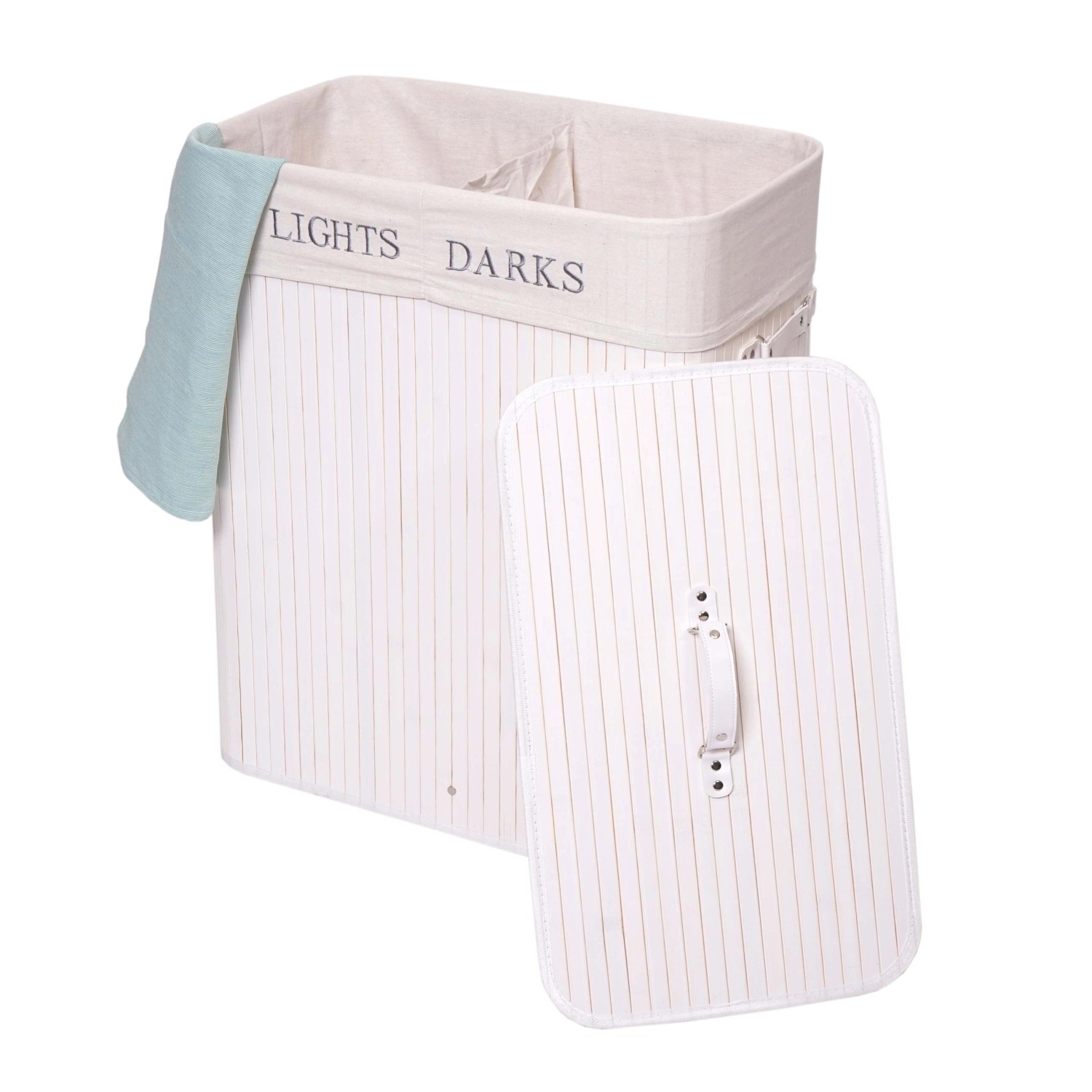 Weißer MCW Wäschekorb C21 mit 2 Fächern, Wäschesack und Tragegriffen. Praktische Wäschewanne.