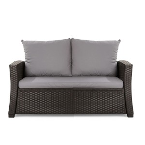 Graues 2-Sitzer Gartensofa aus Polyrattan mit Kissen aus dem Setgarden Mix-Techno Gartenkissen Set.