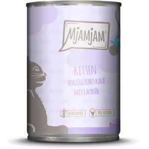 Mjamjam Kitten Nassfutter Kalb mit Lachsöl, 400g Dose Katzenfutter.