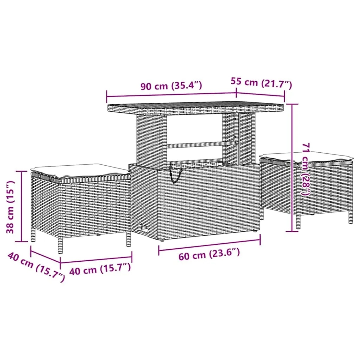 vidaXL Gartenmöbel-Set, 8-teilig, beige Poly Rattan, mit Tisch und Hockern, Maße eingezeichnet.