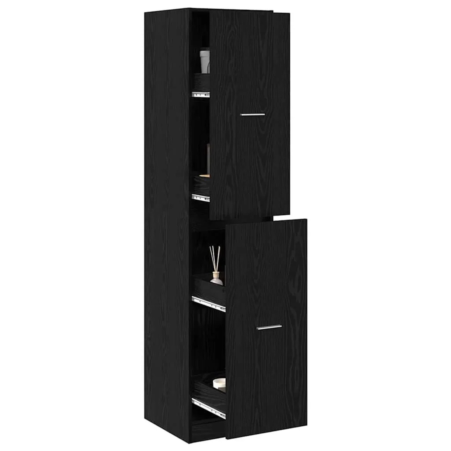 Schwarzer Apothekerschrank in Eichen-Optik mit zwei ausziehbaren Fächern. Moderner Wohnzimmerschrank aus Holzwerkstoff.