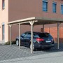 Holz-Carport mit Flachdach und Auto. Einzelcarport aus Nadelholz, kesseldruckimprägniert, 495x303x228 cm.