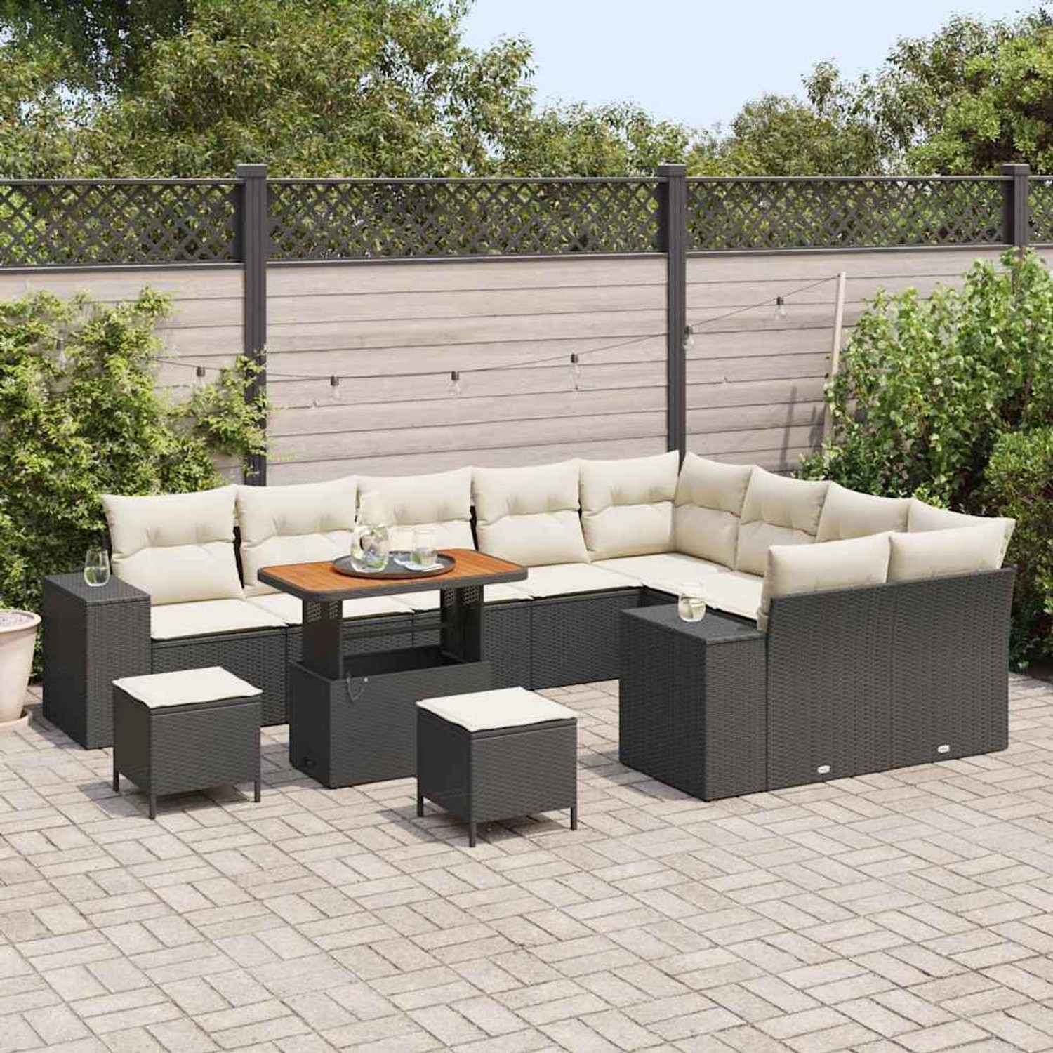 vidaXL Garten-Sofa-Set, 12-teilig, schwarz, Poly Rattan. Höhenverstellbarer Tisch, Hocker und Ecksofa mit Polstern.