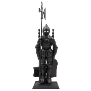 Schwarze TRUTZHOLM Kamingarnitur „Ritter“ aus Gusseisen, 4-teilig mit Schaufel, Besen, Schürhaken und Halterung.