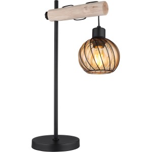Globo Tischlampe Paulo, schwarz matt, mit Holz und amberfarbenem Glasschirm.
