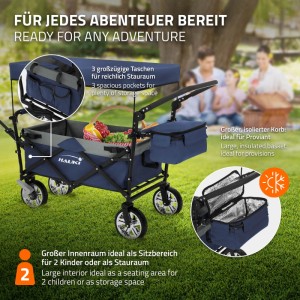 Hauki Bollerwagen XXL faltbar blau-grau mit Dach und Tasche. Handwagen für Camping und Ausflüge.