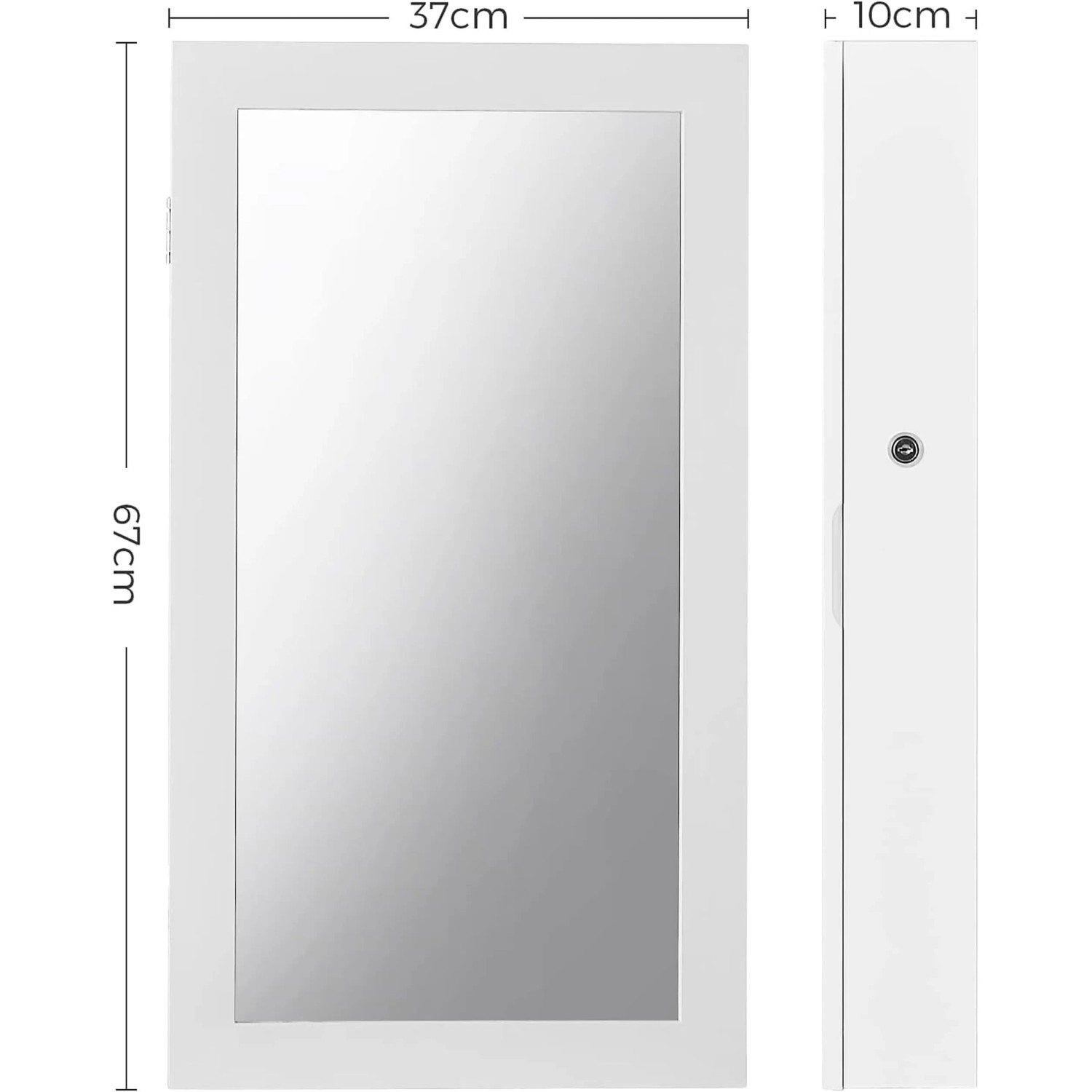 Songmics Schmuckschrank Berit, weiß, zur Wandmontage mit Spiegel und den Maßen 37x10,5x67 cm.