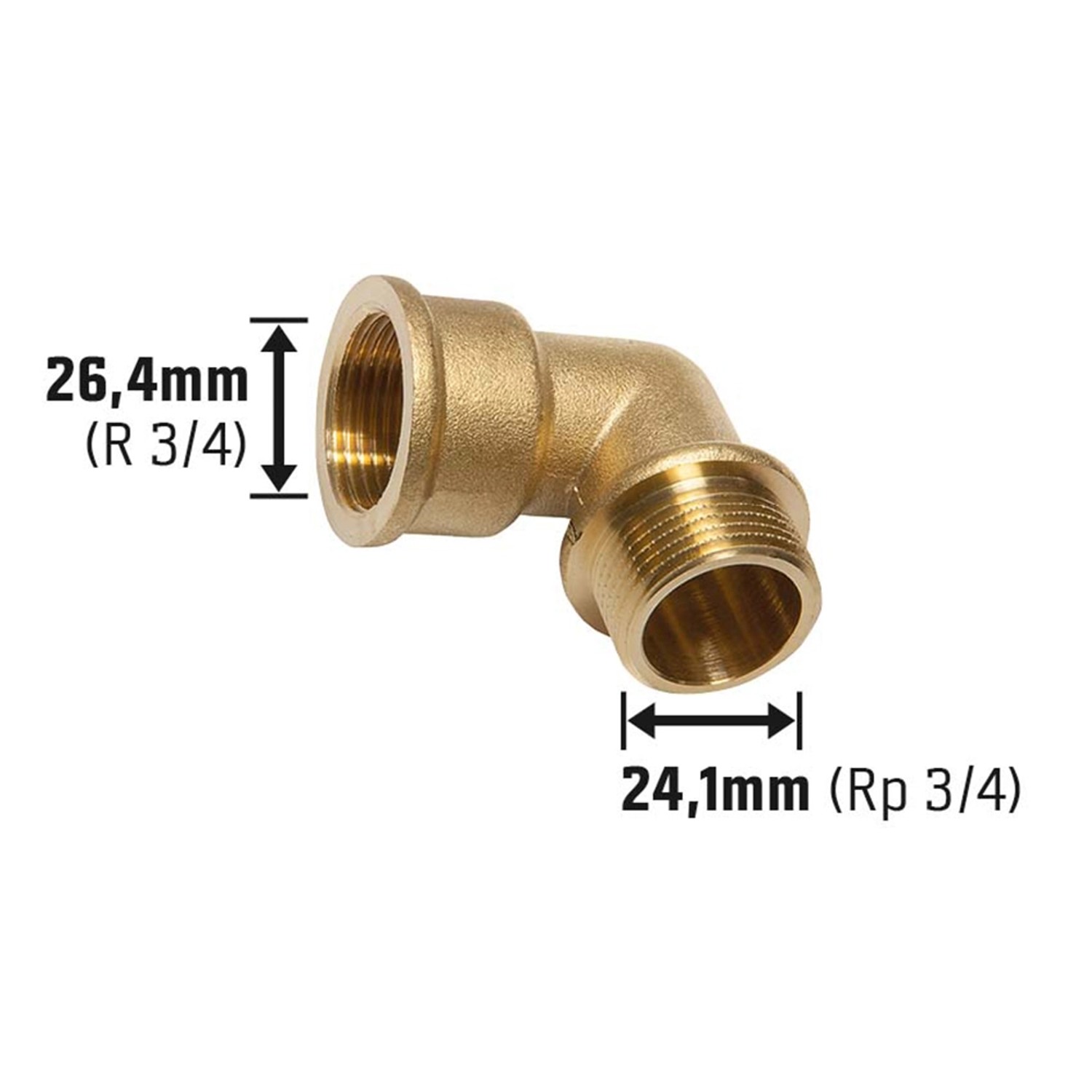 LUX Gewinde-Winkel aus Messing, 24,1 mm (Rp 3/4) x 26,4 mm (R 3/4) für Heizung und Trinkwasser.