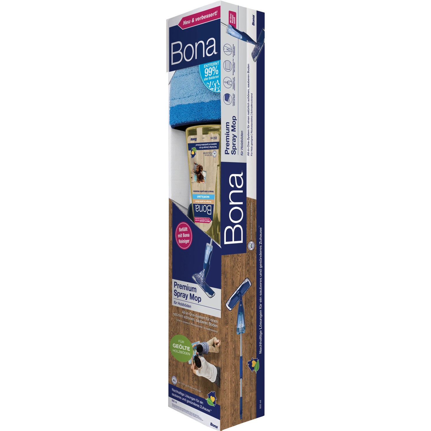 Bona Premium Spray Mop für geölte Holzböden im Karton. Reinigungsgerät mit Sprühfunktion und Reinigungsmittel.