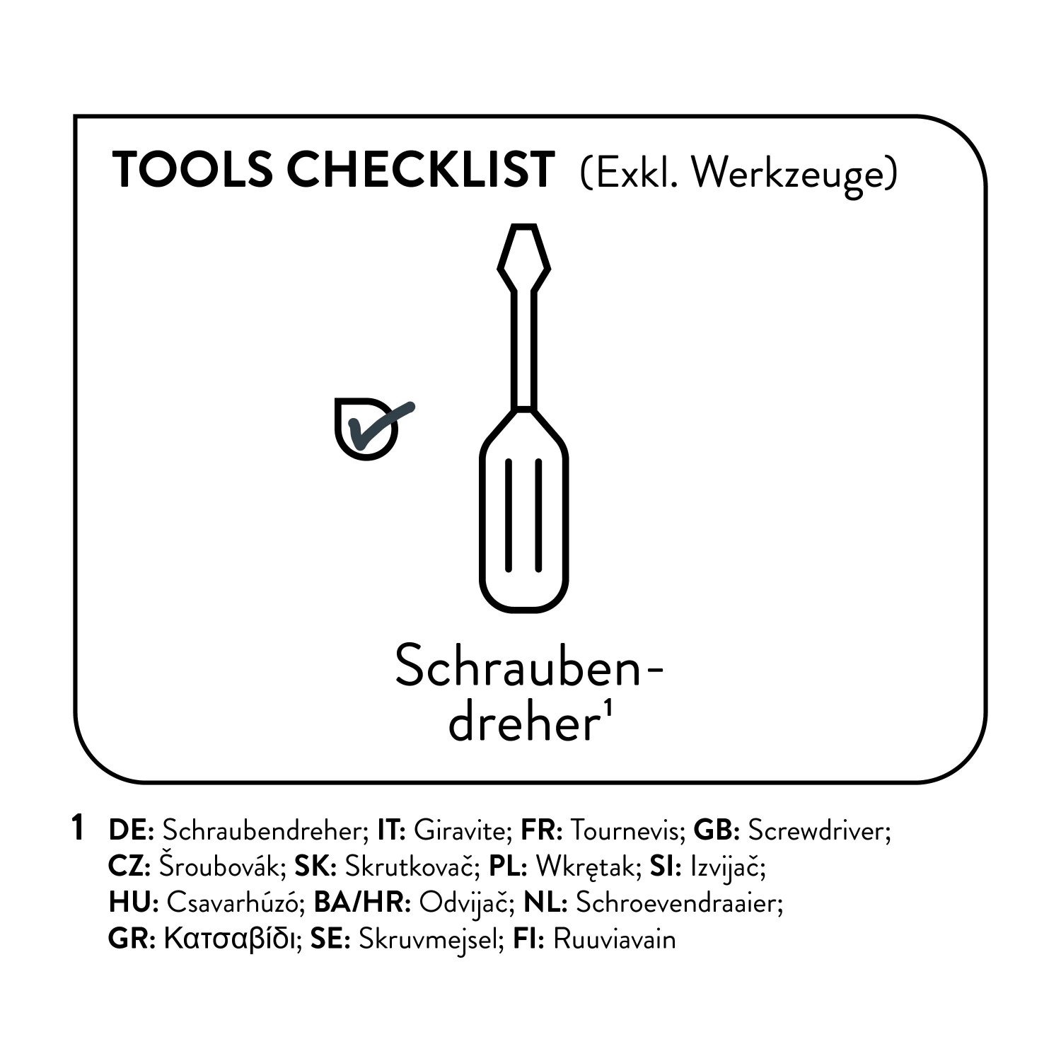 Werkzeug-Checkliste für baliv WC-Sitz Montage: Schraubendreher-Symbol mit Haken, zeigt benötigtes Werkzeug.