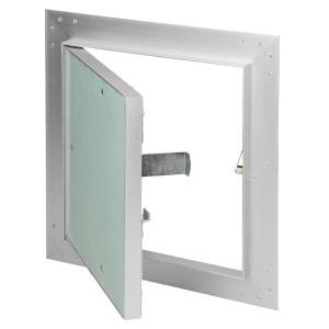 Offene, quadratische ECD Germany Revisionsklappe 20x20 cm mit Gipskarton-Einlage und Aluminiumrahmen.