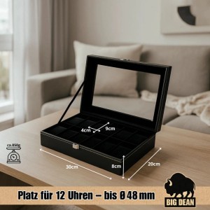 BigDean Uhrenbox für 12 Uhren mit Glasdeckel, schwarze Aufbewahrungsbox für Herrenuhren.