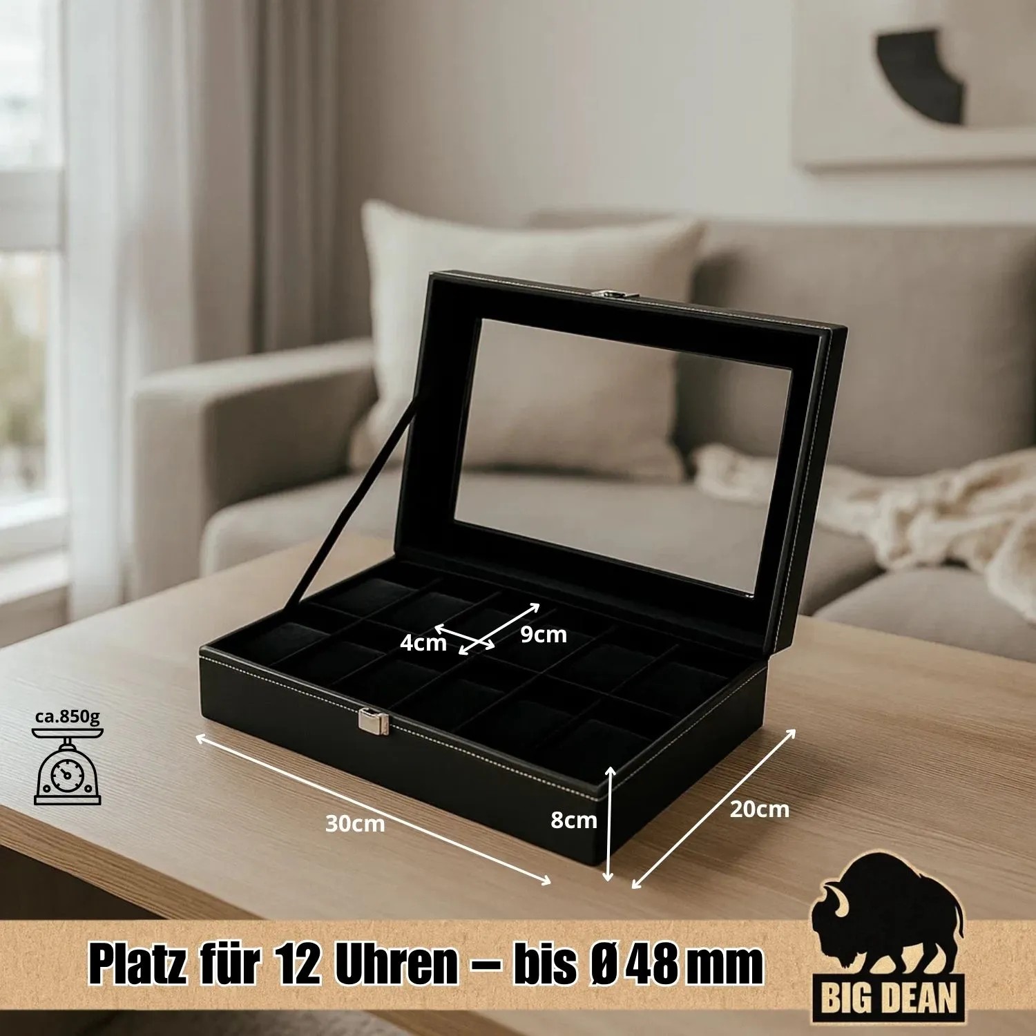 BigDean Uhrenbox für 12 Uhren mit Glasdeckel, schwarze Aufbewahrungsbox für Herrenuhren.