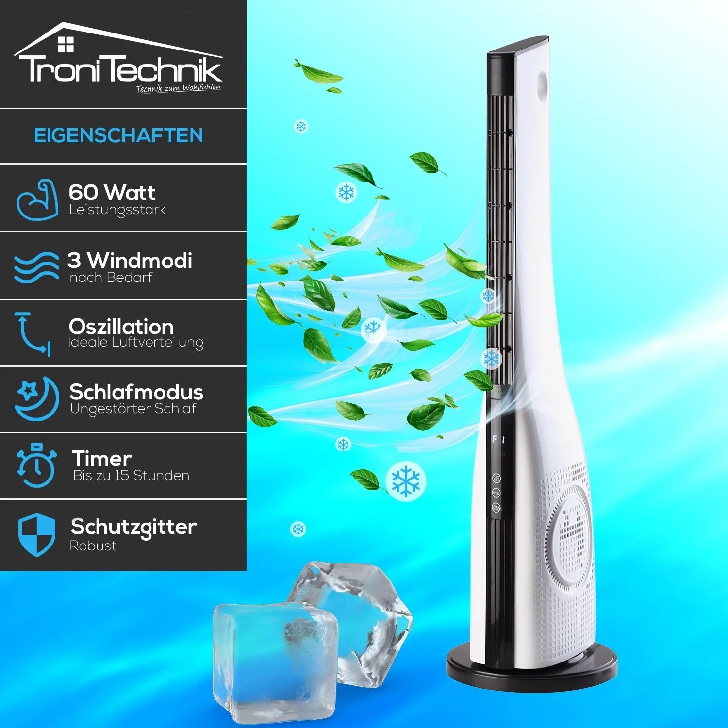 Tronitechnik Turmventilator, 88 cm, mit Oszillation. Schlankes Design für Wohnräume.