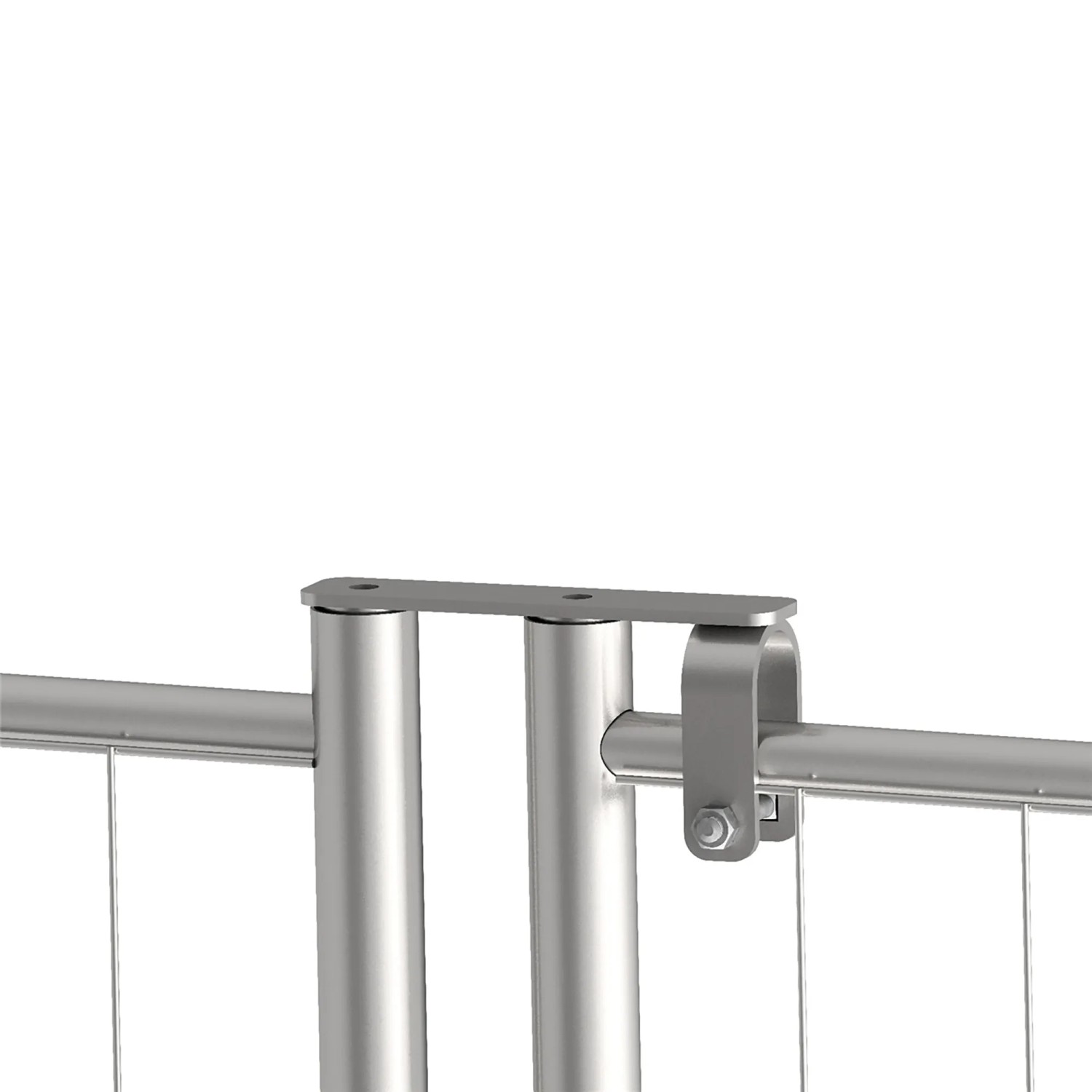 Detailaufnahme: Feuerverzinktes Schake Bauzaunscharnier für offene Standrohre.