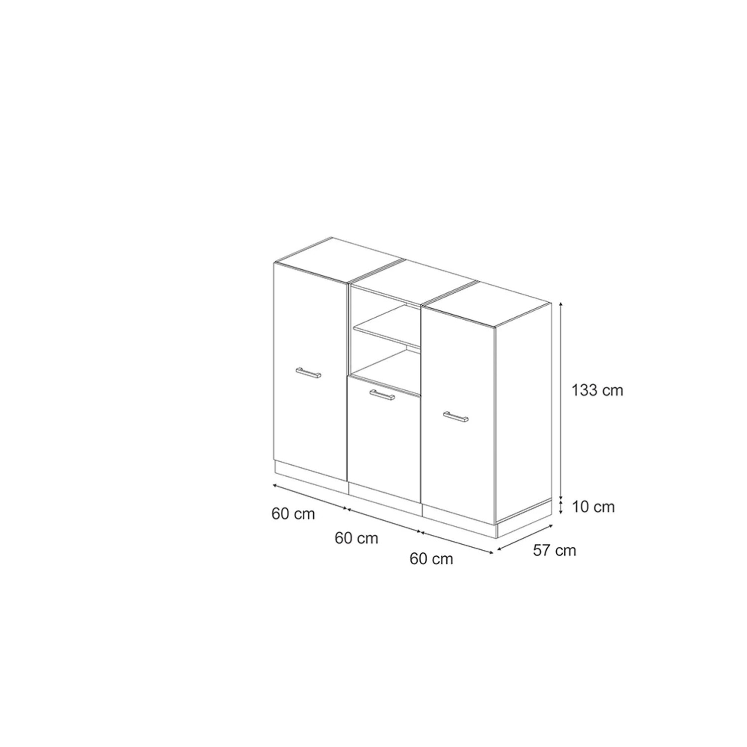 Skizze des Vicco R-Line Küchenblocks in Goldkraft Eiche/Weiß, 180 cm breit, ohne Arbeitsplatte.