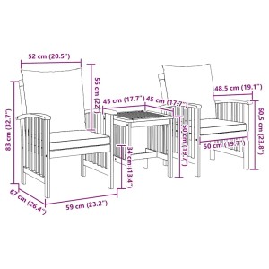 vidaXL 3-tlg. Gartenlounge-Set aus Akazienholz mit Maßen. Ideal für Balkon und Garten.