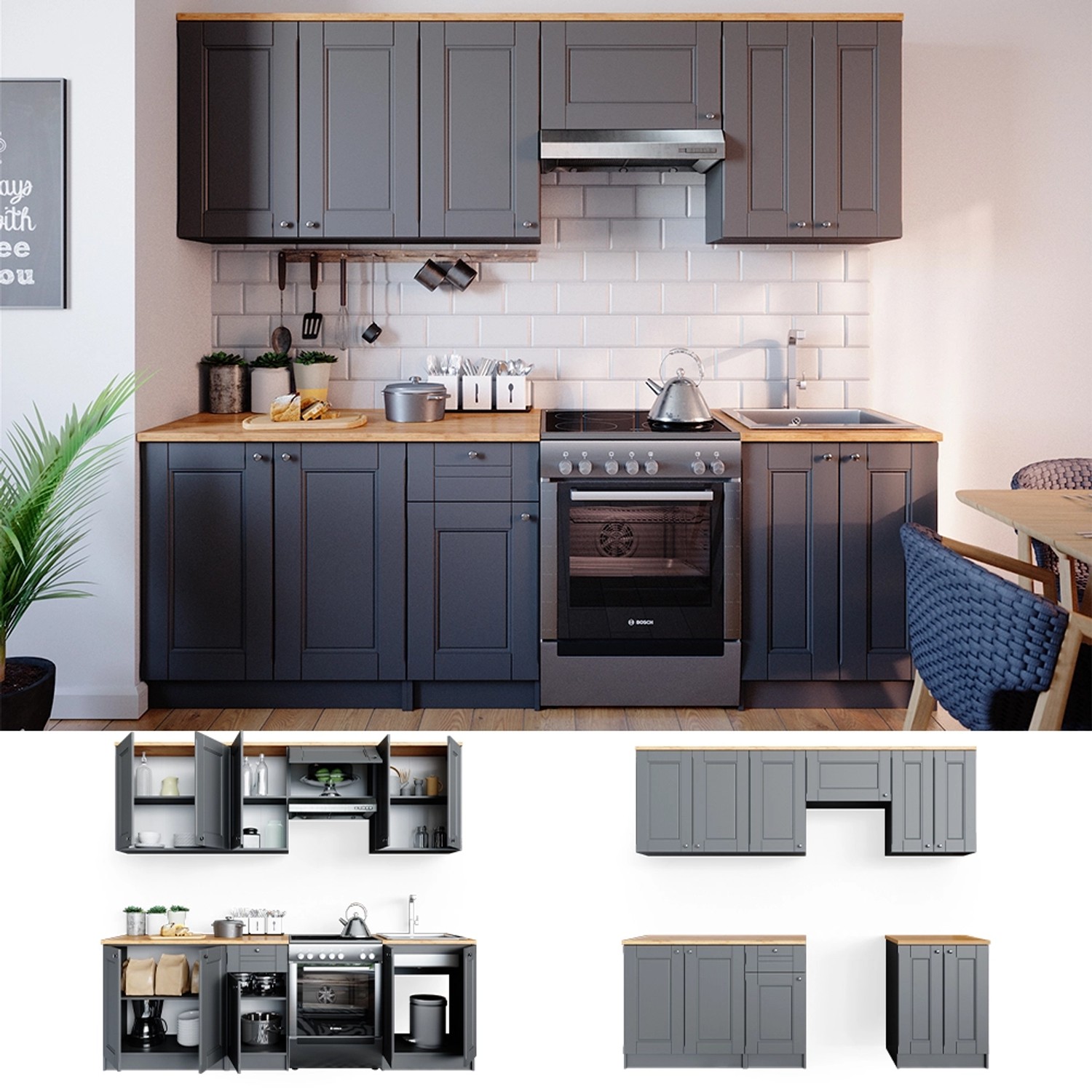 Graue Vicco Bergamo Küchenzeile 240 cm mit Eiche Arbeitsplatte.