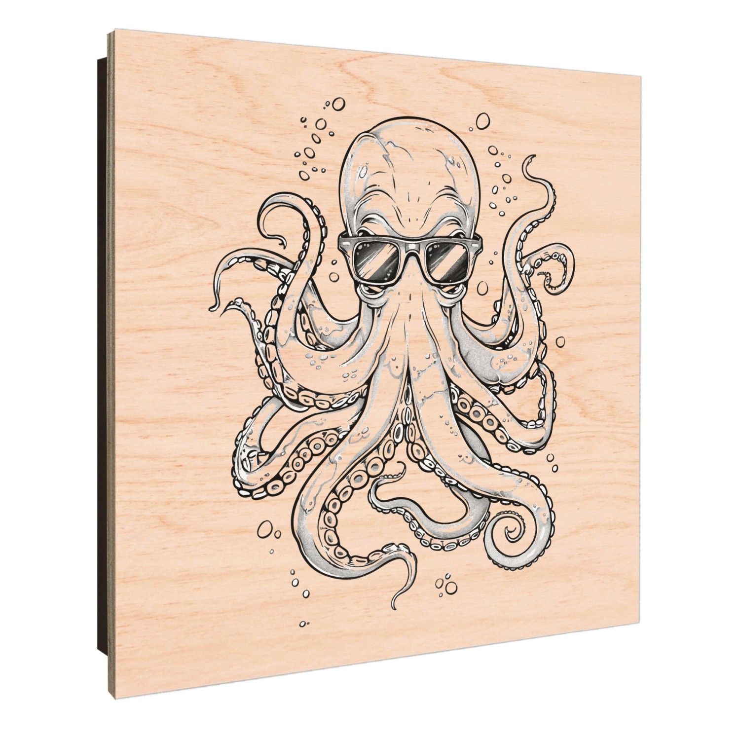 Schwarzer Schlüsselkasten aus Holz (30x30cm) mit Oktopus-Motiv und 50 Haken zur Schlüsselaufbewahrung.