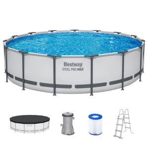 Bestway Framepool Steel Pro Max in Lichtgrau mit blauem Wasser. Komplettset mit Pumpe, Leiter und Abdeckplane.