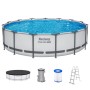 Bestway Framepool Steel Pro Max in Lichtgrau mit blauem Wasser. Komplettset mit Pumpe, Leiter und Abdeckplane.
