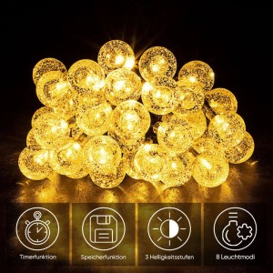 Warmweiße Solar LED Lichterkette mit 60 strukturierten Kugeln. Funktionen: Timer, Speicher, 3 Helligkeiten, 8 Leuchtmodi.