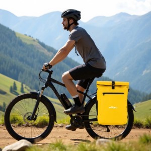Gelbe Wiltec Gepäckträgertasche (25L) am Fahrrad eines Radfahrers in den Bergen. Ideal für Outdoor-Touren.