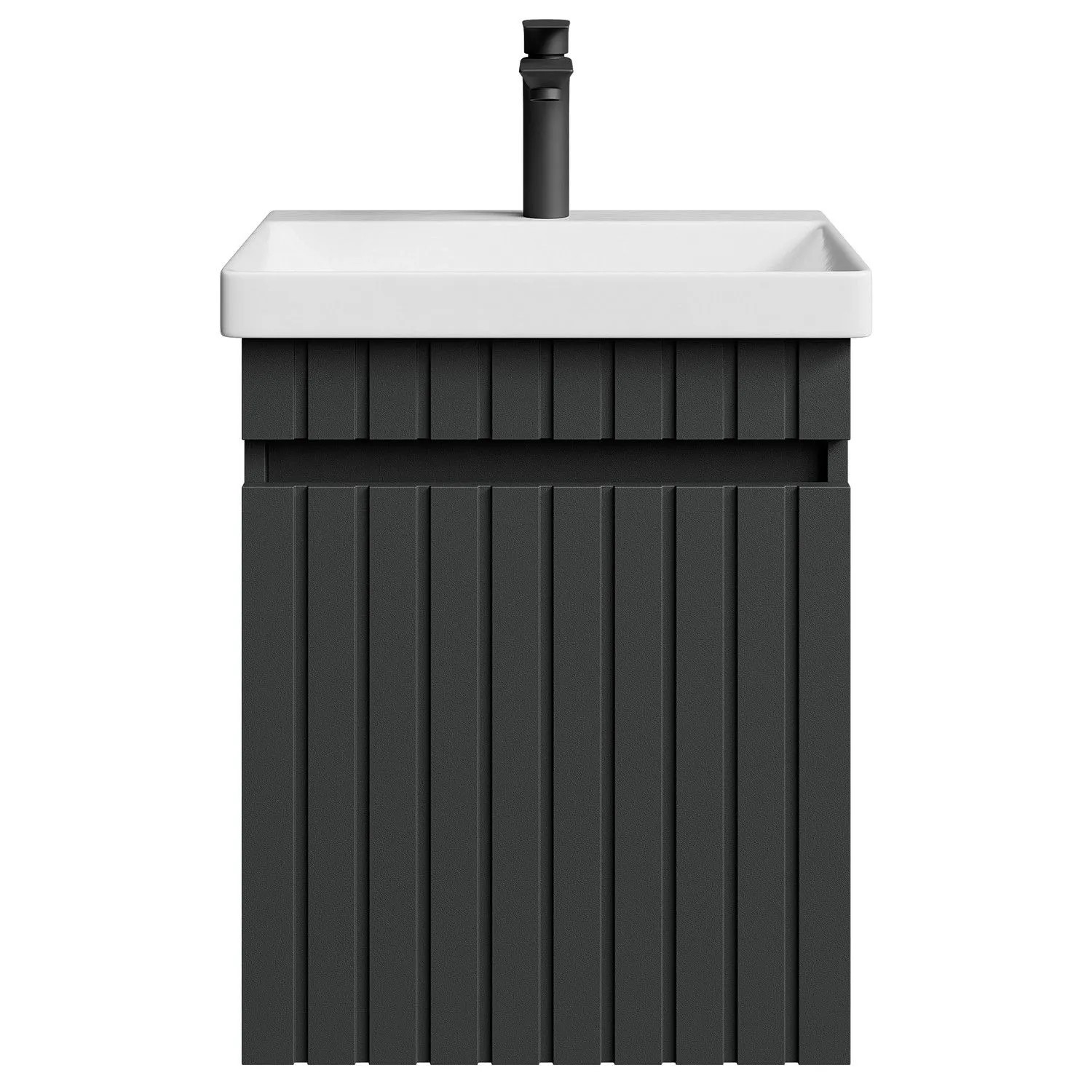 Planetmöbel COSMIA Waschtisch 50 cm Anthrazit Matt mit Keramikwaschbecken Schublade Armatur Matt Schwarz Soft Close