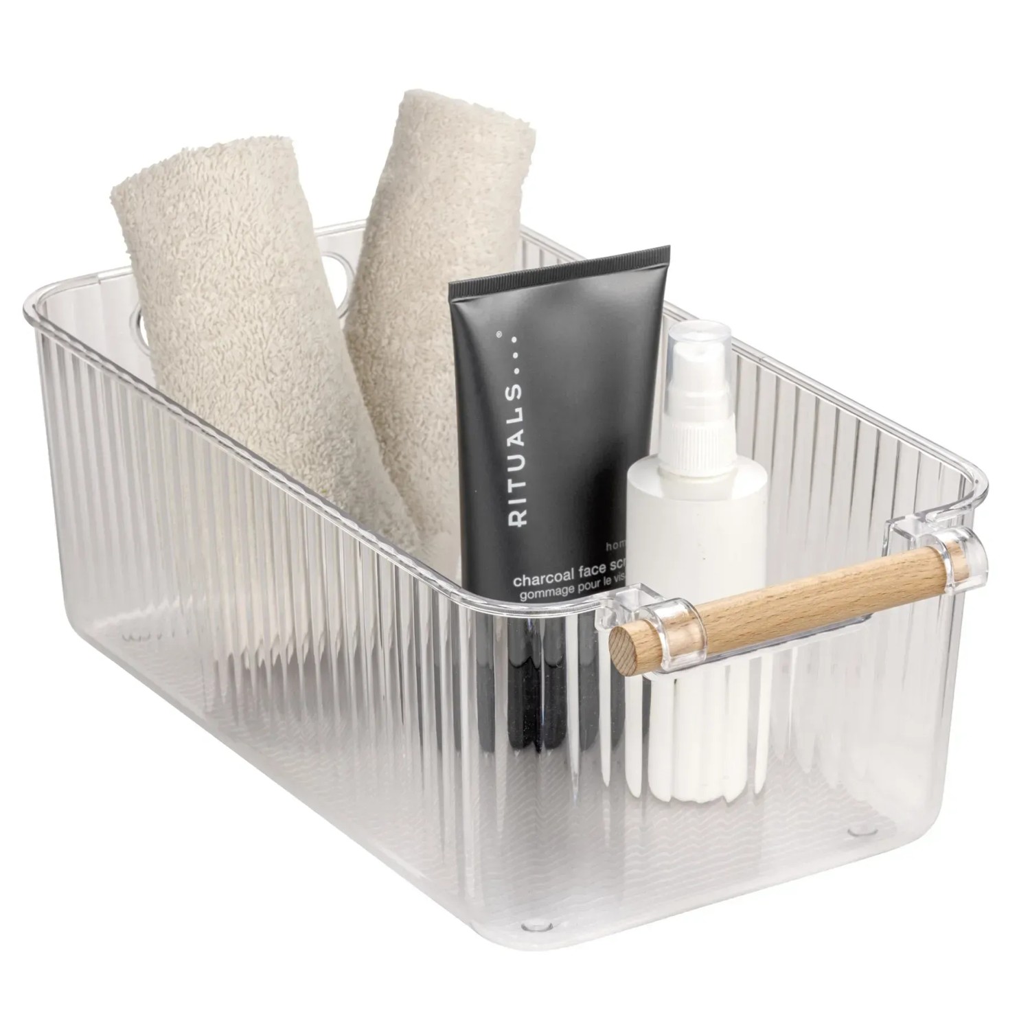 Wenko Badbox-Set Nantes, 3-teilig, transparent, mit Handtüchern und Kosmetikprodukten.